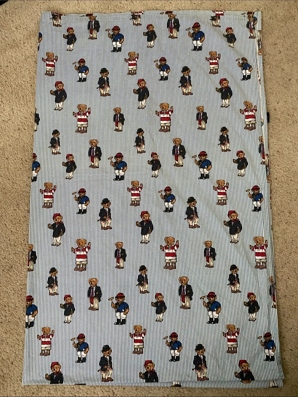 Vintage Ralph Lauren “Polo Bear” Blue Striped Flat Sheet. Twin.